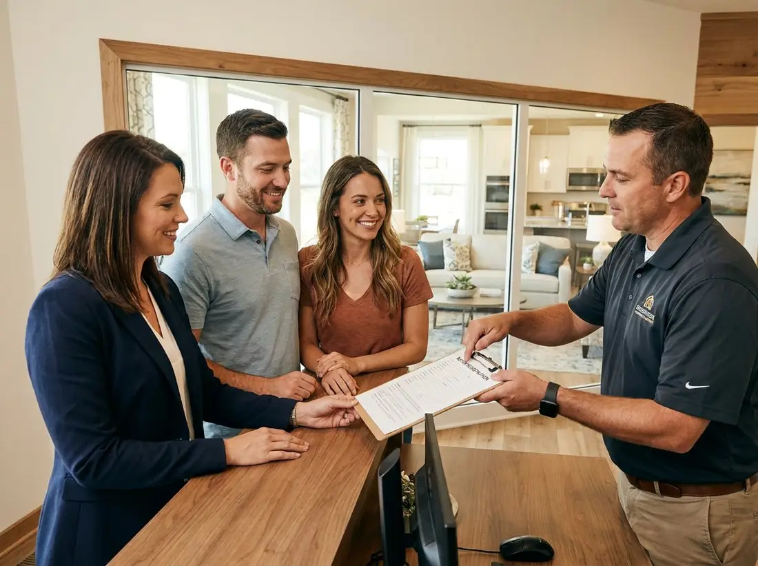 An agent registering a buyer at a new-home sales office