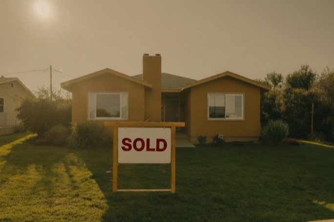 A California home with a SOLD sign at golden hour