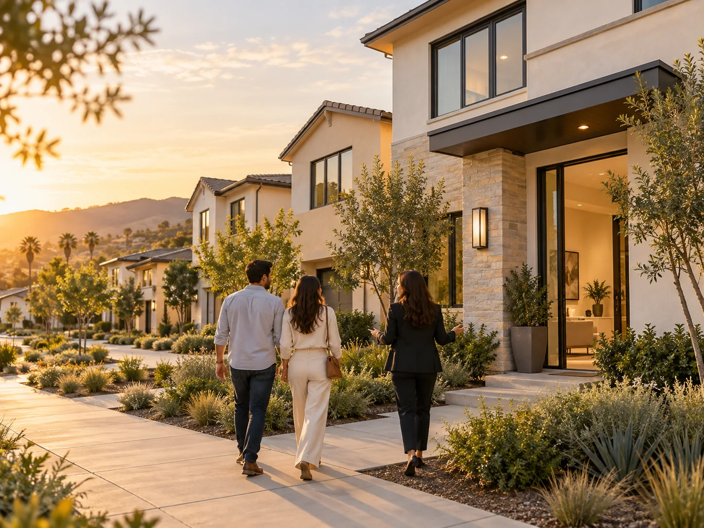 Buyers and an agent approaching a new-home community
