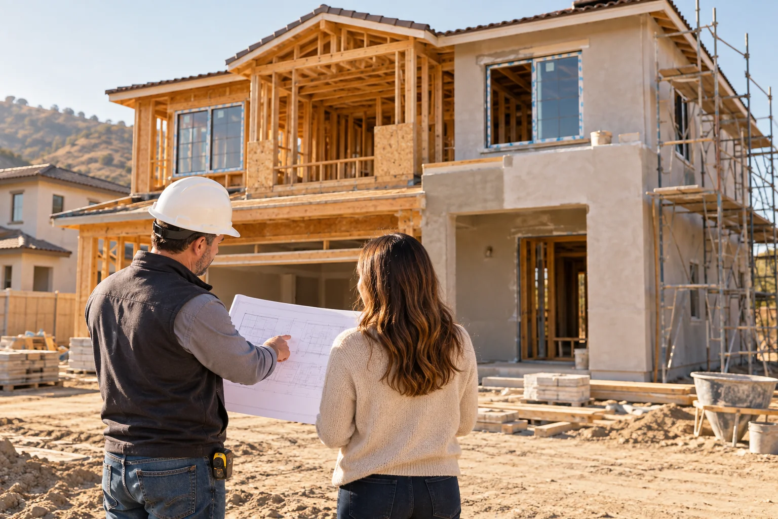 Buyer and site supervisor reviewing plans outside a home under construction