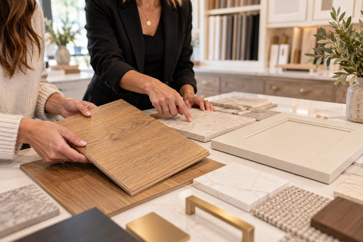 Buyer and consultant comparing flooring, tile, and cabinet finish samples