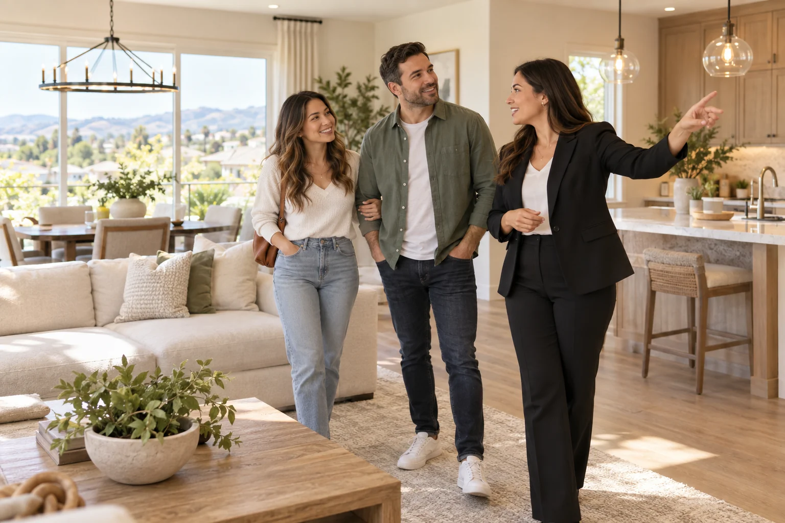 Buyers touring a furnished model home with a real estate agent