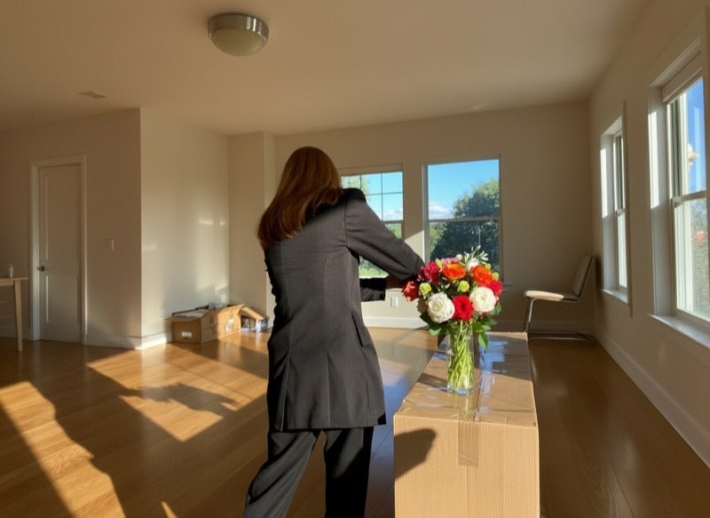 A living room being prepared for photography