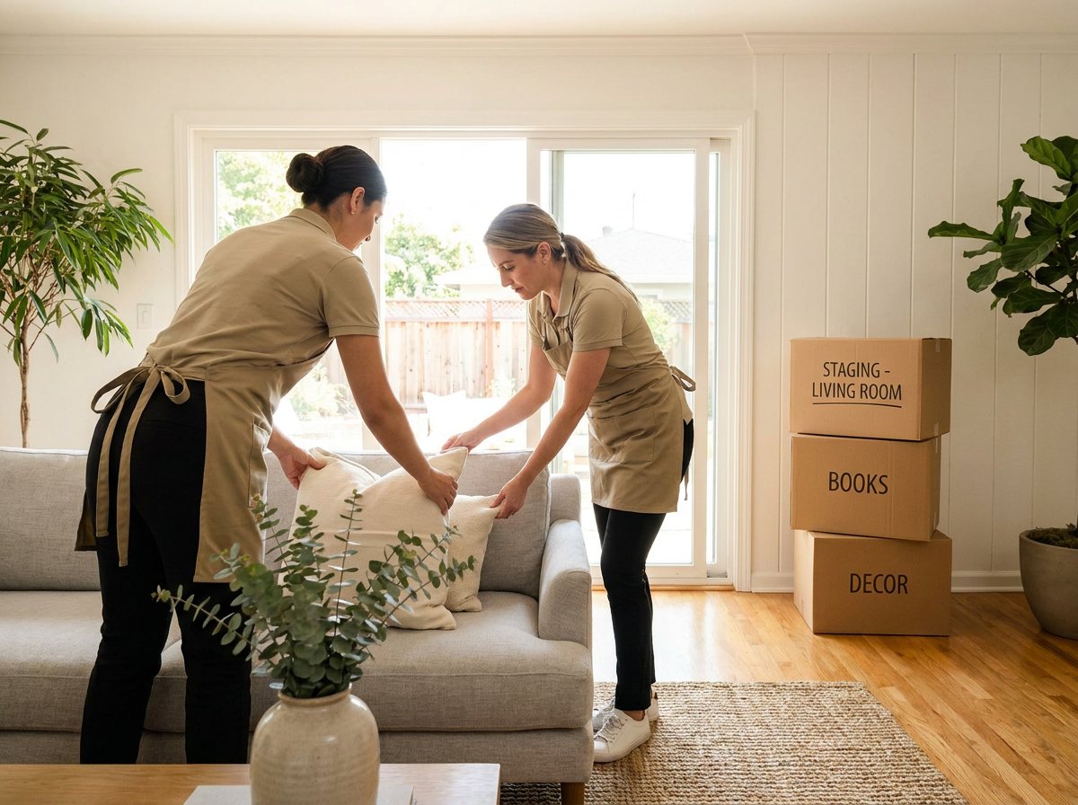 Professionals staging a living room for sale
