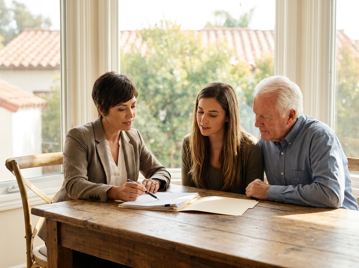 An agent and family going through documents with an elderly father